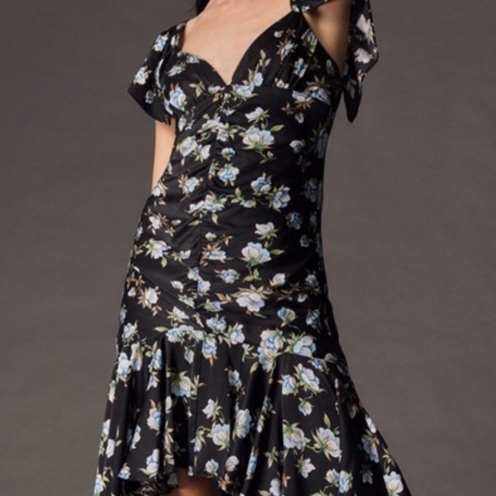 Anthropologie Floral Ruched Flutter Sleeve Midi Dress Black Blue Small NEW